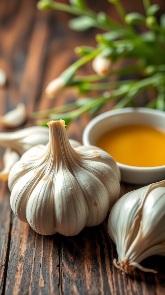 Fresh garlic cloves and honey on a wooden table, representing natural skincare solutions.